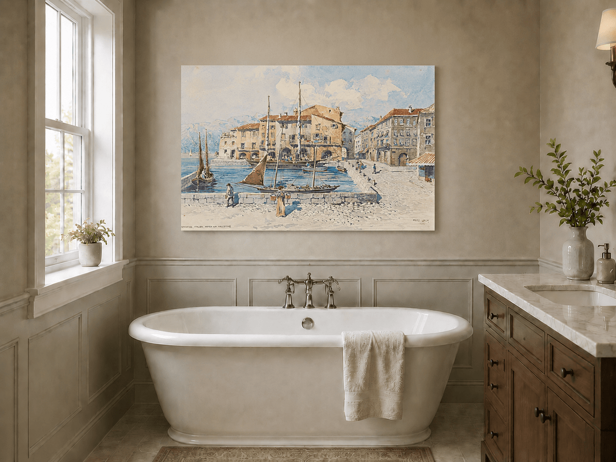 Landscape Oil Painting - Harbor Town with Sailboats on Blue Water