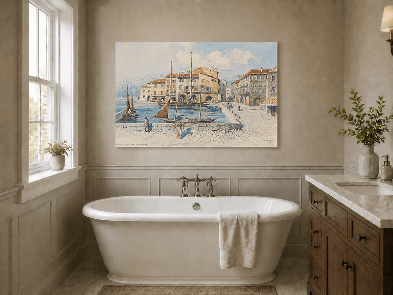Landscape Oil Painting - Harbor Town with Sailboats on Blue Water