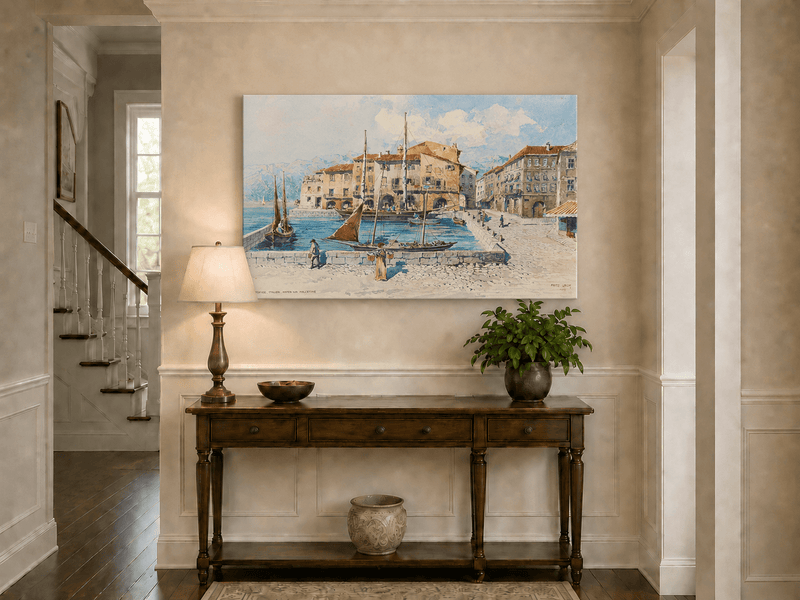 Landscape Oil Painting - Harbor Town with Sailboats on Blue Water