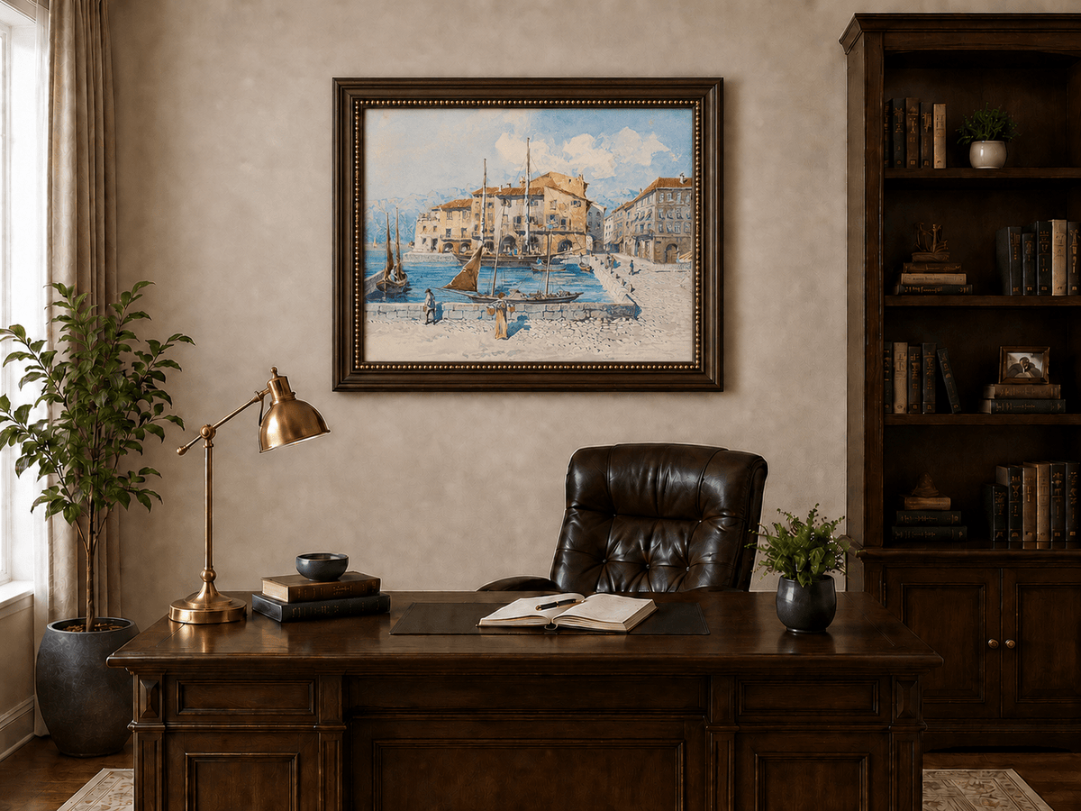 Landscape Oil Painting - Harbor Town with Sailboats on Blue Water