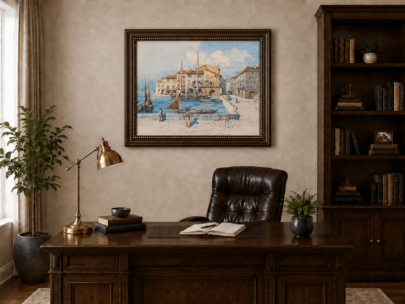 Landscape Oil Painting - Harbor Town with Sailboats on Blue Water