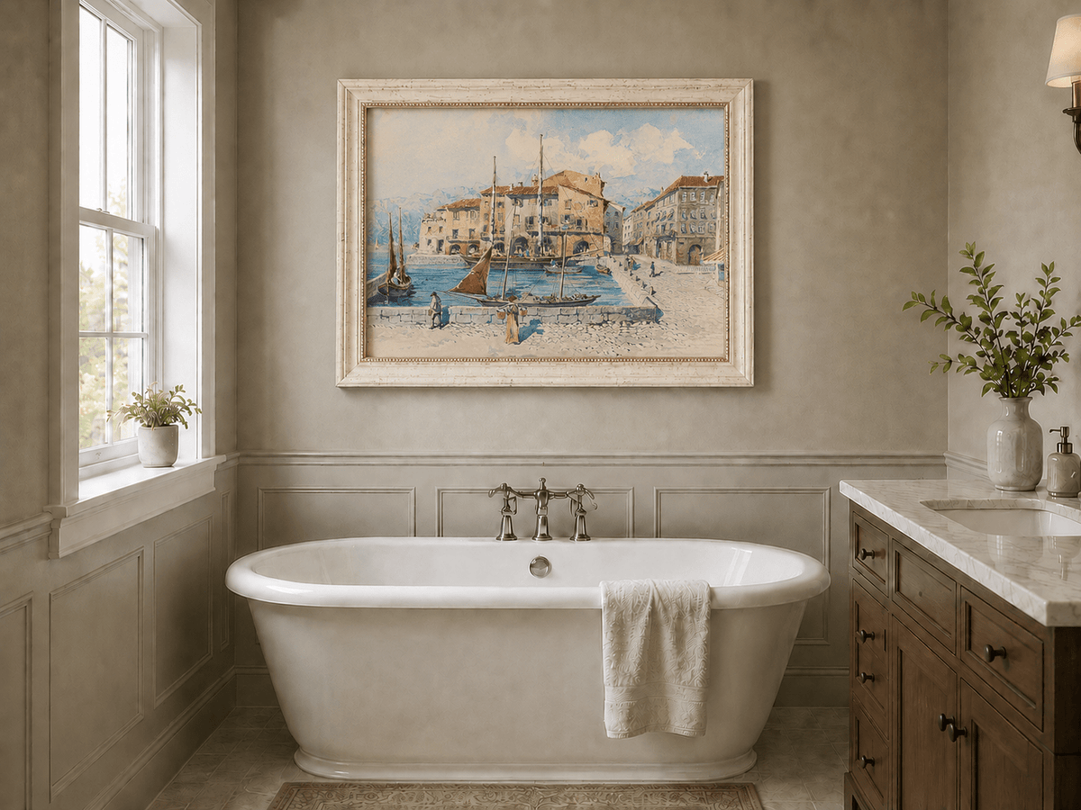 Landscape Oil Painting - Harbor Town with Sailboats on Blue Water