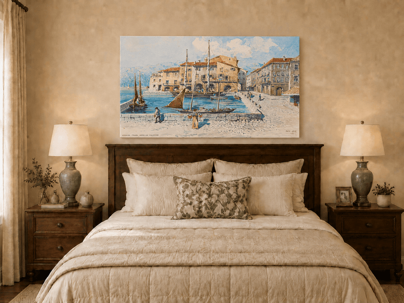 Landscape Oil Painting - Harbor Town with Sailboats on Blue Water