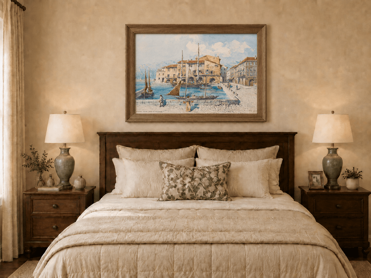 Landscape Oil Painting - Harbor Town with Sailboats on Blue Water