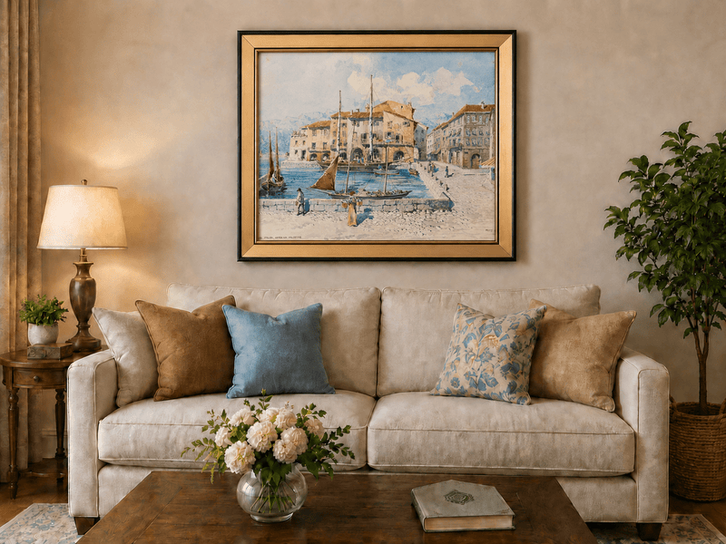 Landscape Oil Painting - Harbor Town with Sailboats on Blue Water