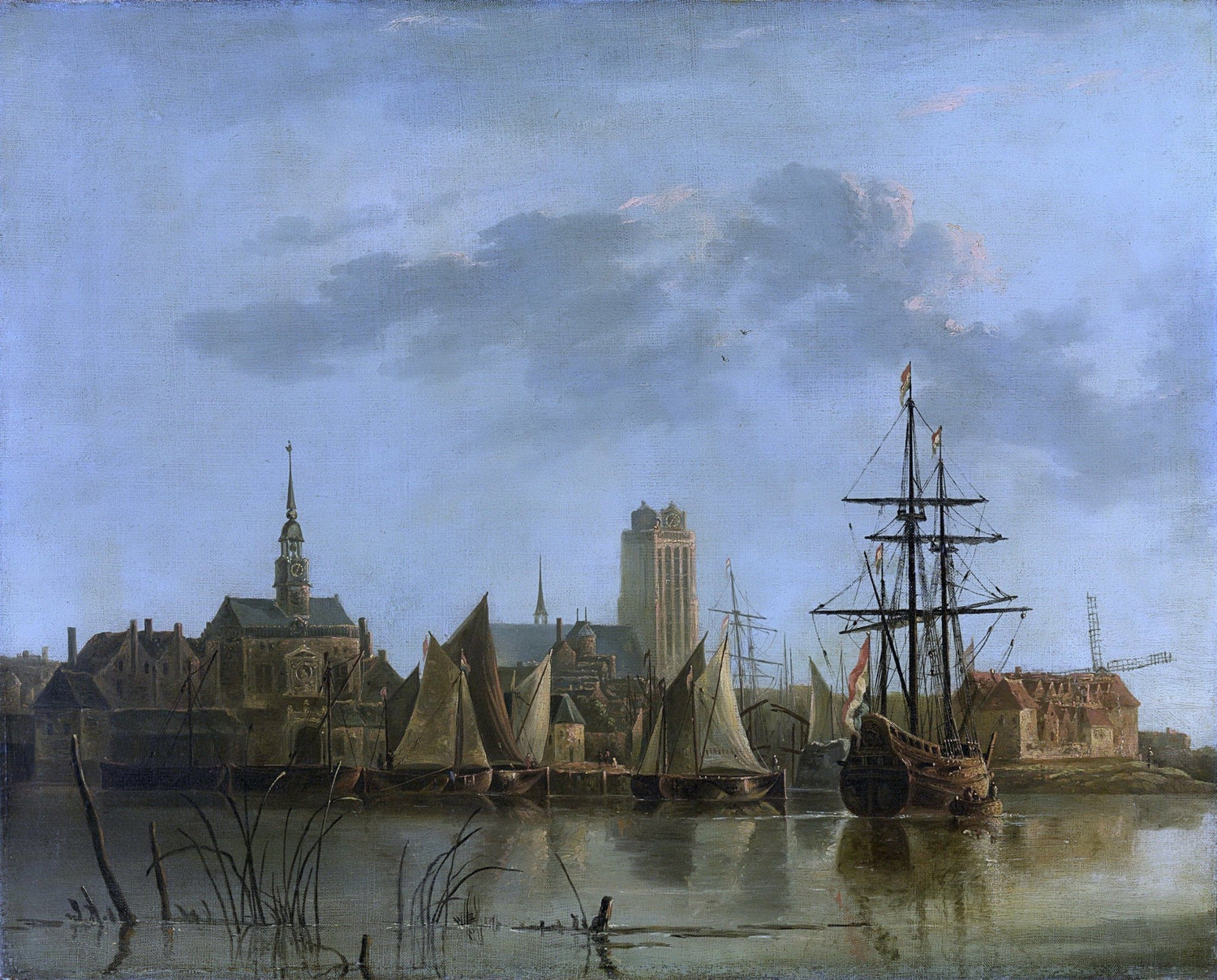 Hand-painted harbor view with sailing ships at sunset landscape oil painting on canvas