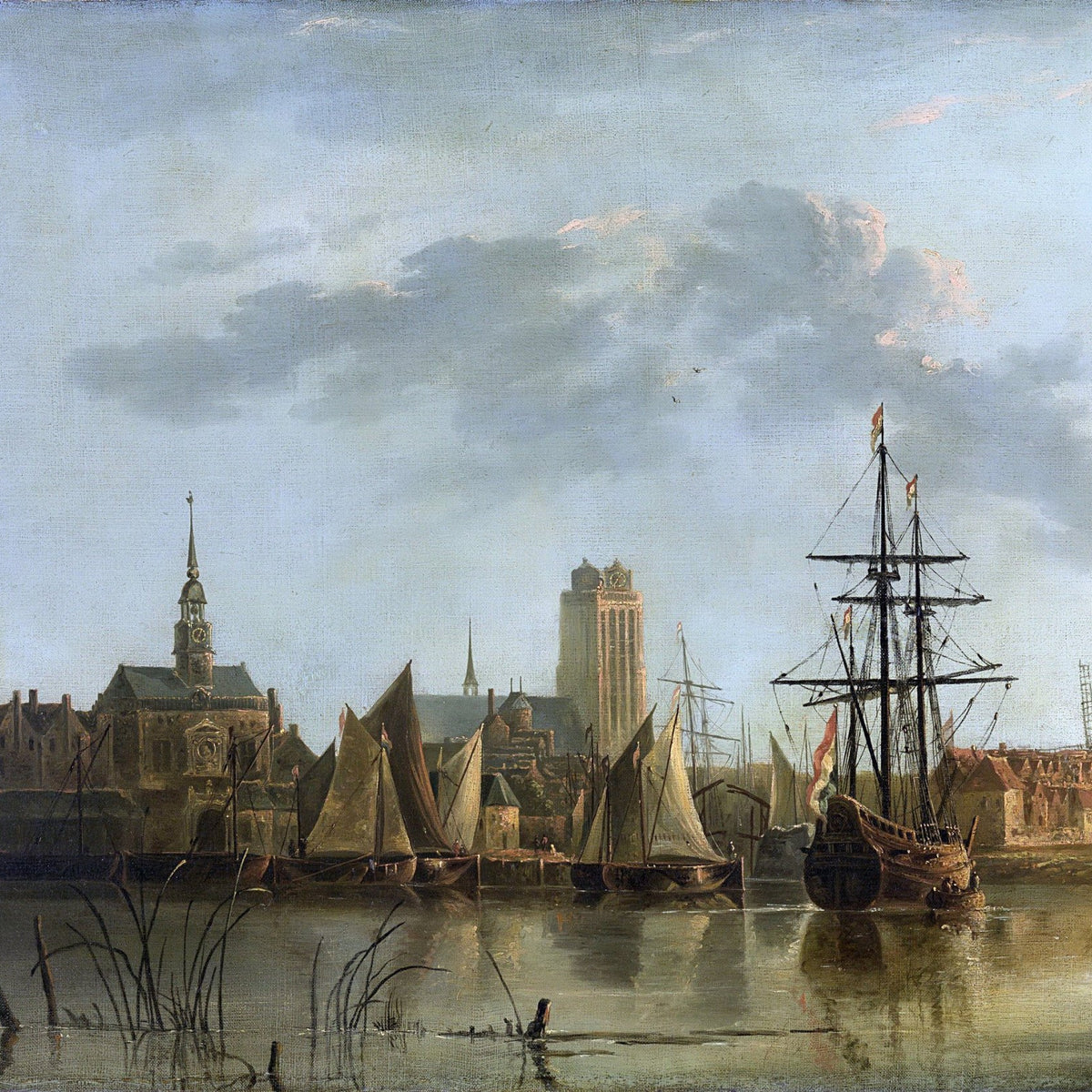 Landscape Oil Painting - Harbor View with Sailing Ships at Sunset