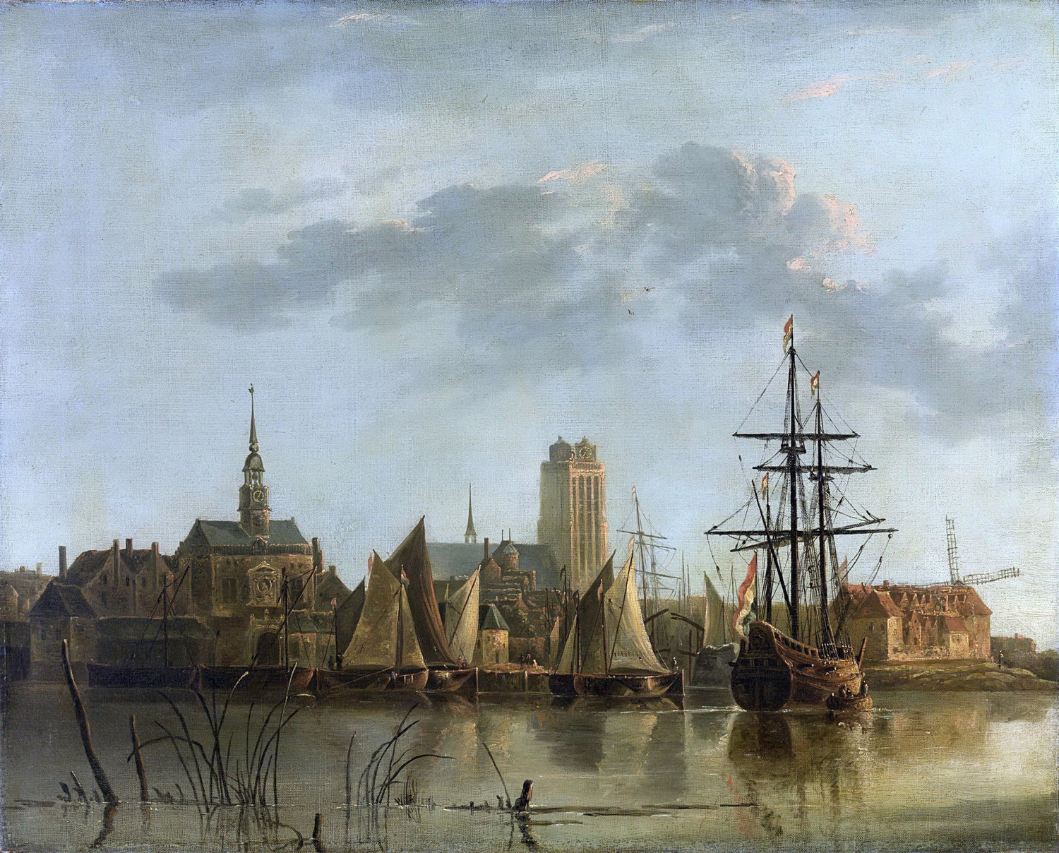 Landscape Oil Painting - Harbor View with Sailing Ships at Sunset
