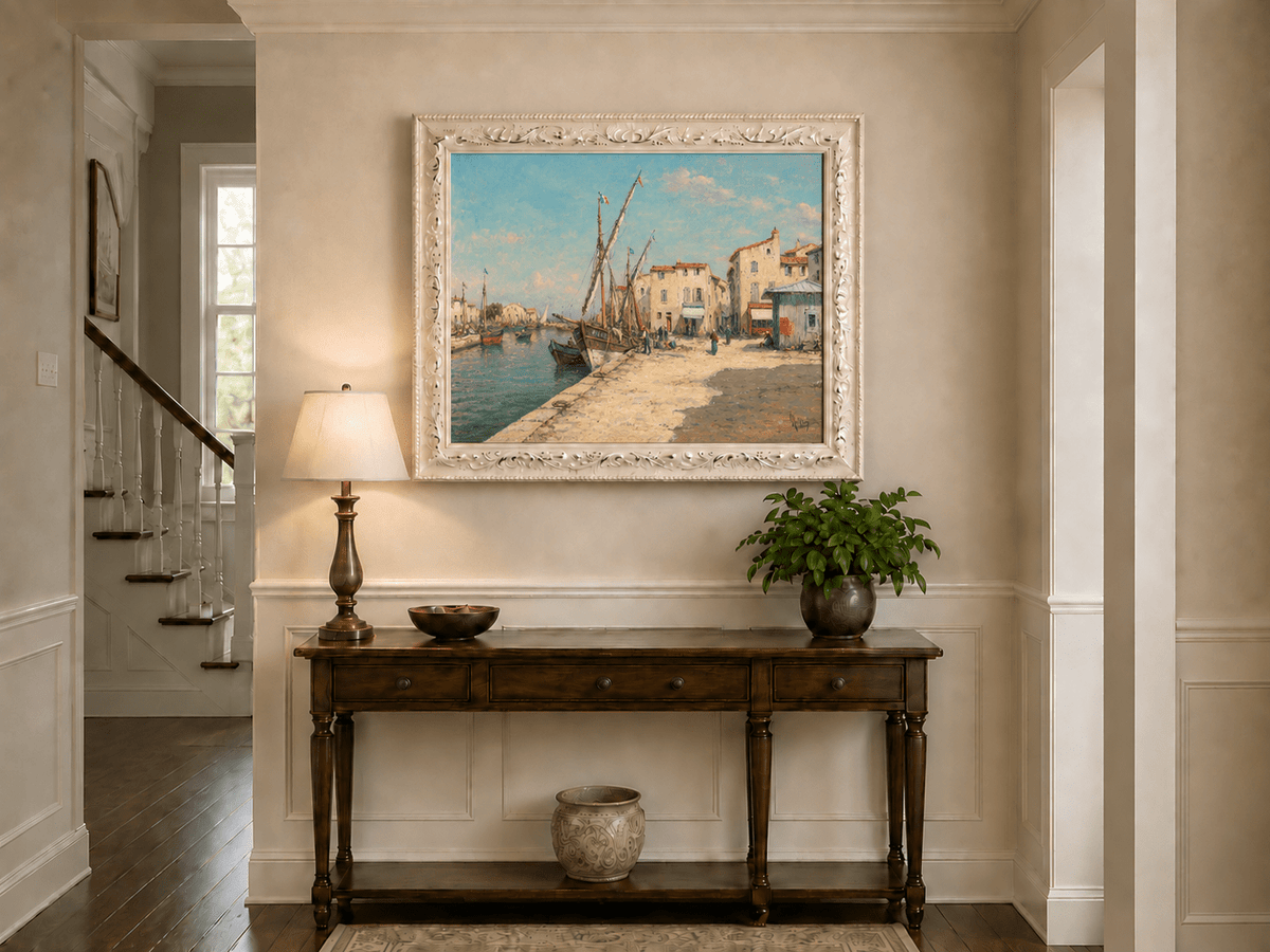Landscape Oil Painting - Harbor Village with Fishing Boats