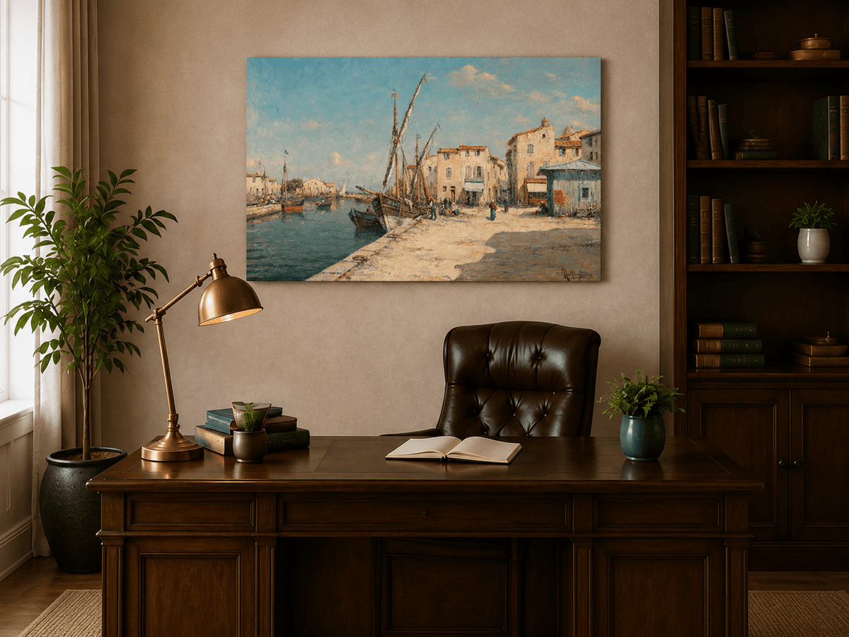 Landscape Oil Painting - Harbor Village with Fishing Boats