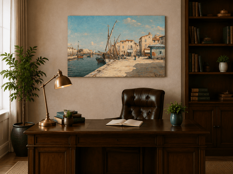 Landscape Oil Painting - Harbor Village with Fishing Boats