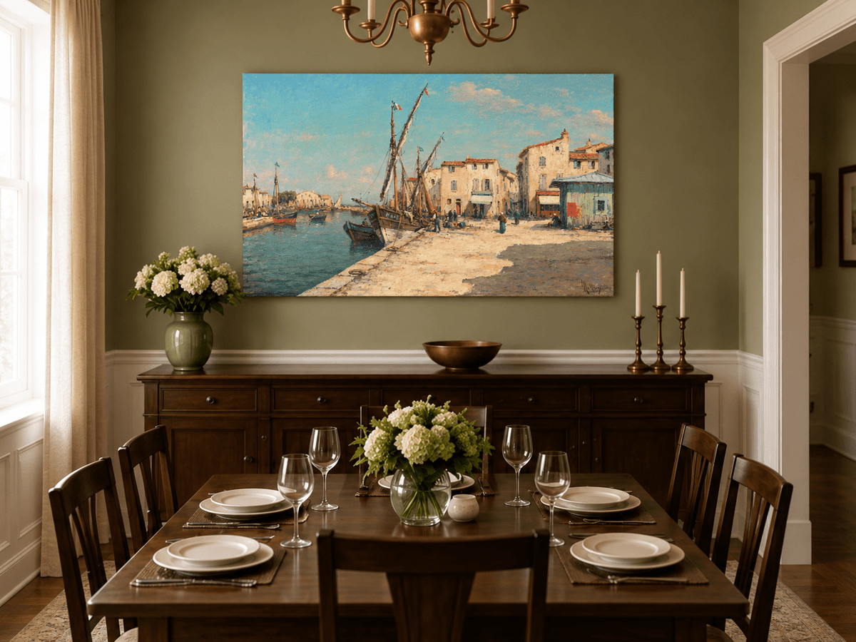 Landscape Oil Painting - Harbor Village with Fishing Boats