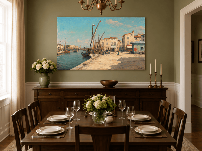 Landscape Oil Painting - Harbor Village with Fishing Boats
