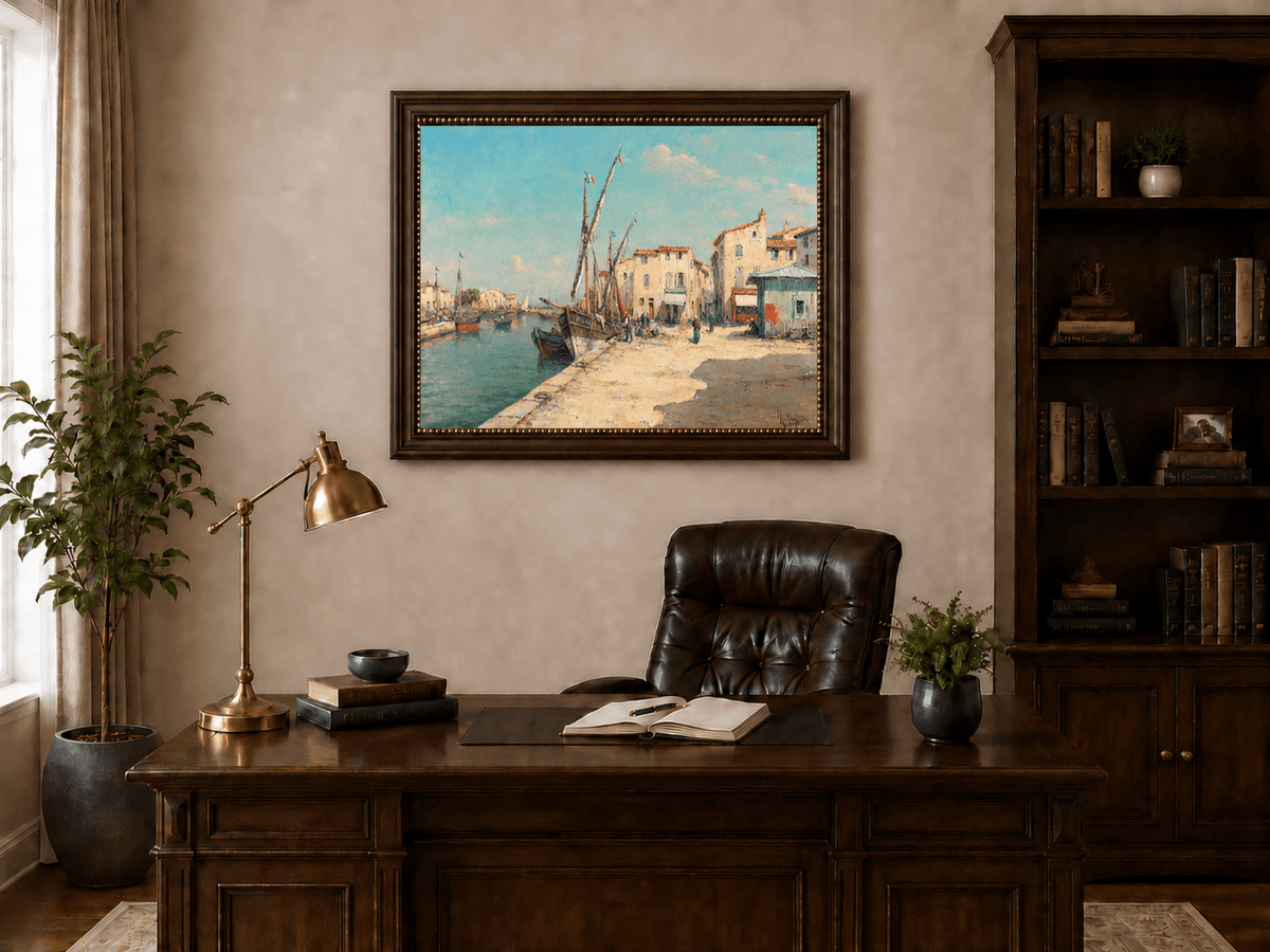 Landscape Oil Painting - Harbor Village with Fishing Boats