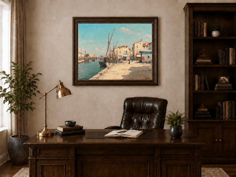 Landscape Oil Painting - Harbor Village with Fishing Boats