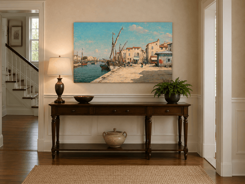 Landscape Oil Painting - Harbor Village with Fishing Boats