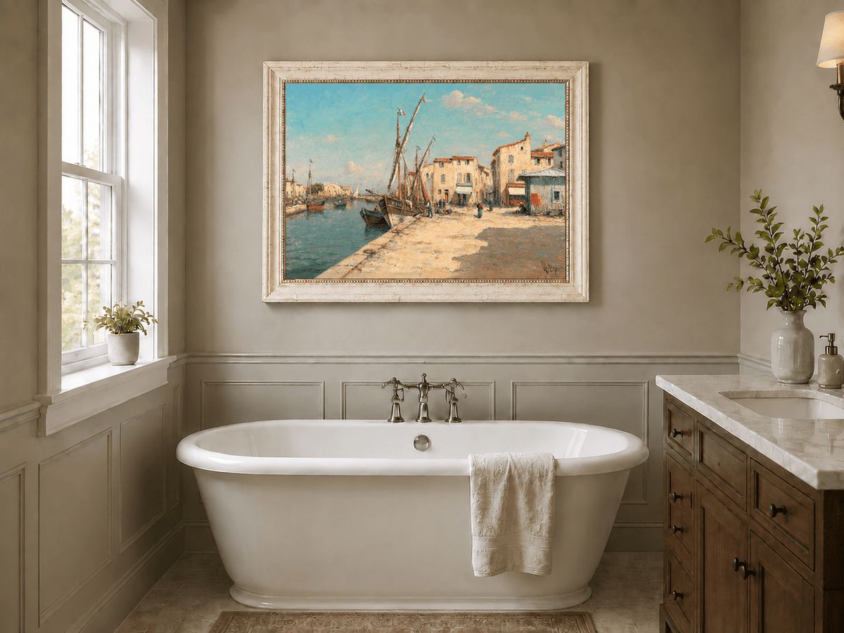 Landscape Oil Painting - Harbor Village with Fishing Boats