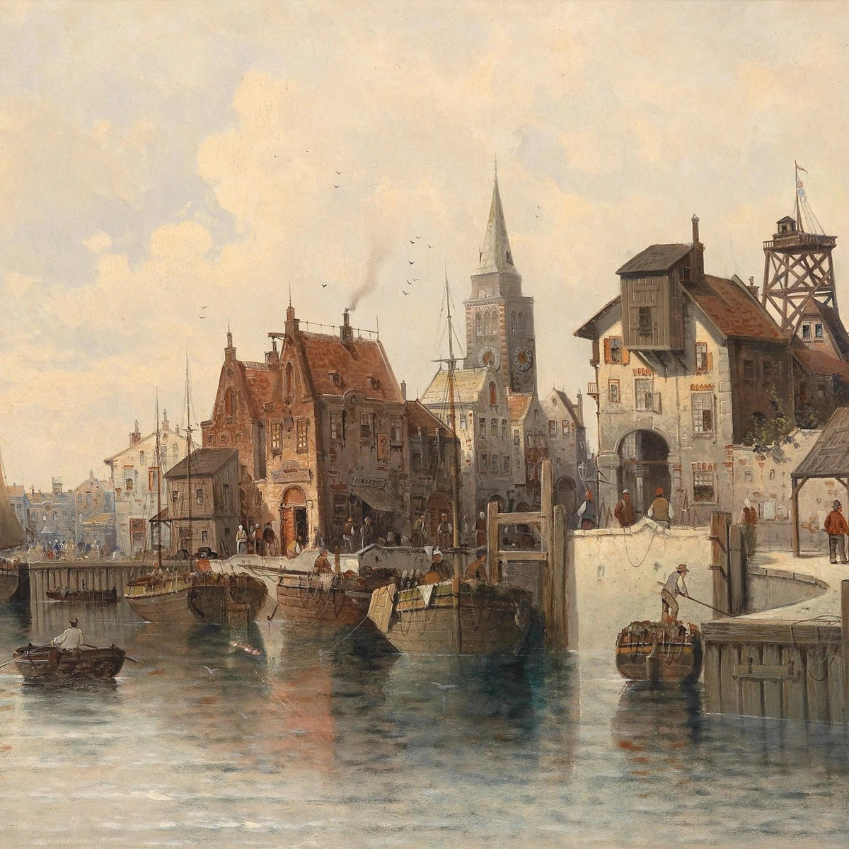 Landscape Oil Painting - Harbor with Boats, Buildings & Figures - Oil Painting Haven