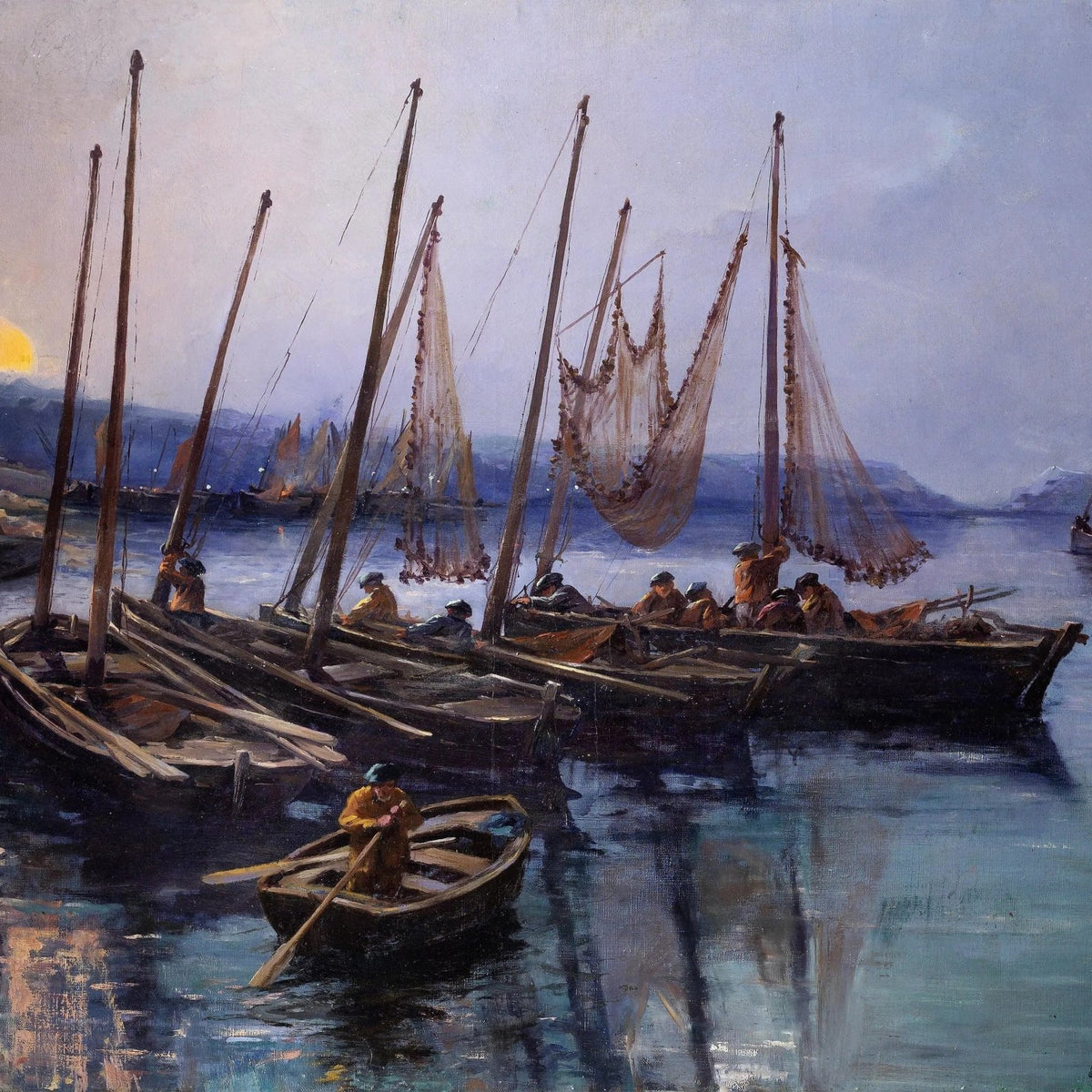 Landscape Oil Painting - Harbor with Boats, Figures & Sunset - Oil Painting Haven