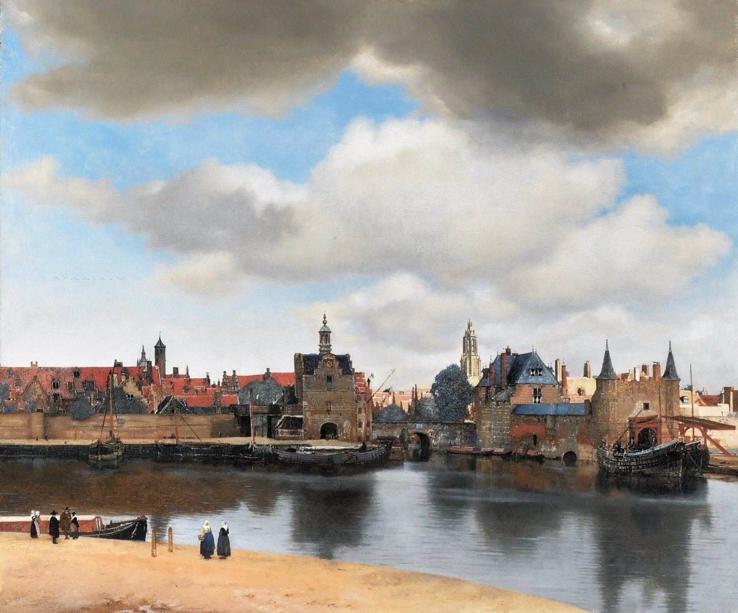 Landscape Oil Painting - Harbor with Historic Buildings & Figures - Oil Painting Haven
