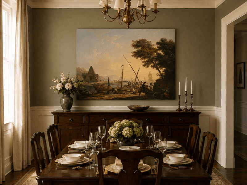Hand-painted harbor ships and figures landscape artwork in an interior display.