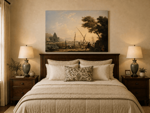 Harbor with sailing ships oil painting displayed as landscape wall decor.