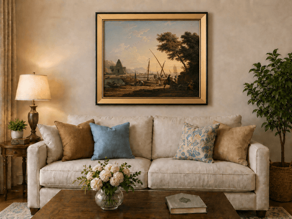 Harbor with ships and figures landscape oil painting displayed in a styled home interior.