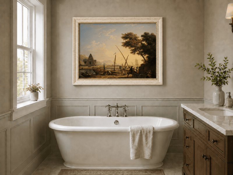 Harbor with figures landscape oil painting presented as interior home decor.