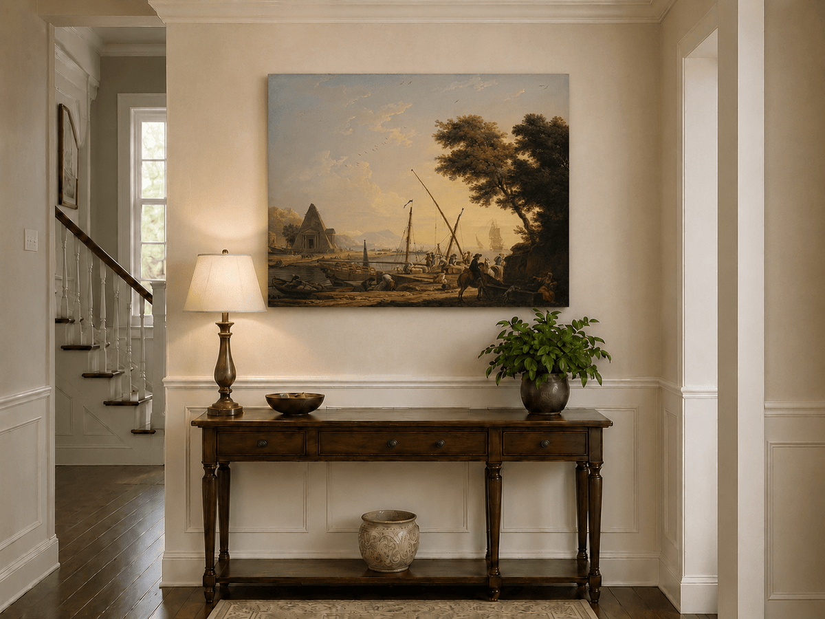Sailing ships in harbor landscape painting shown as decorative oil wall art.
