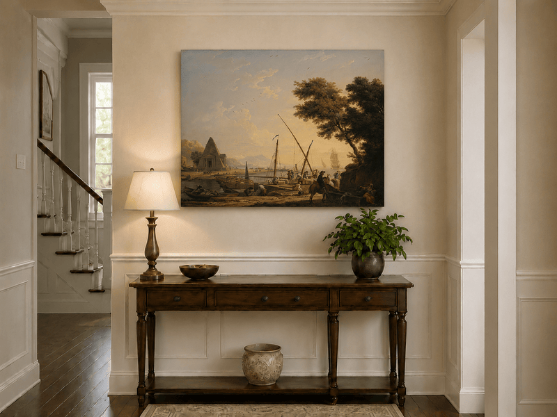 Sailing ships in harbor landscape painting shown as decorative oil wall art.