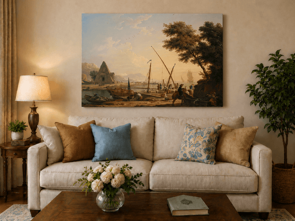 Harbor and ships hand-painted oil artwork displayed in a second interior view.