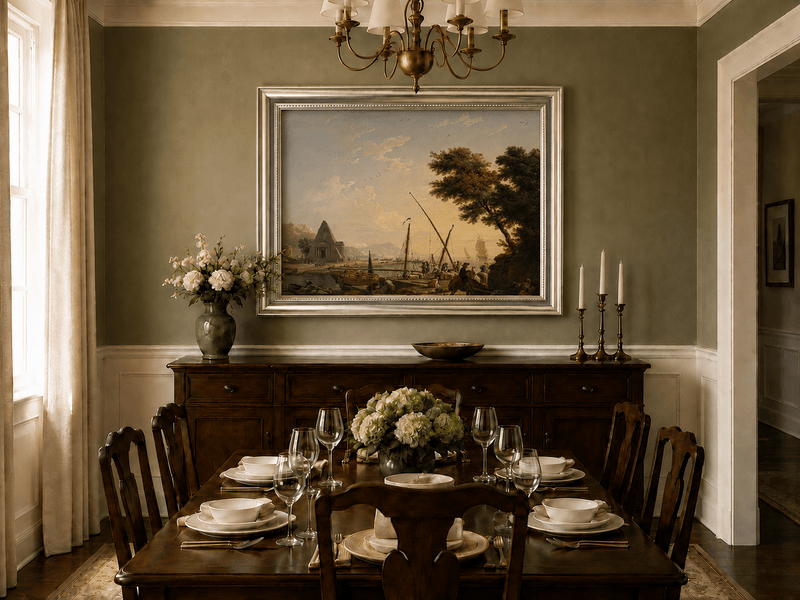 Harbor and sailing ships oil landscape artwork shown in a styled home interior.