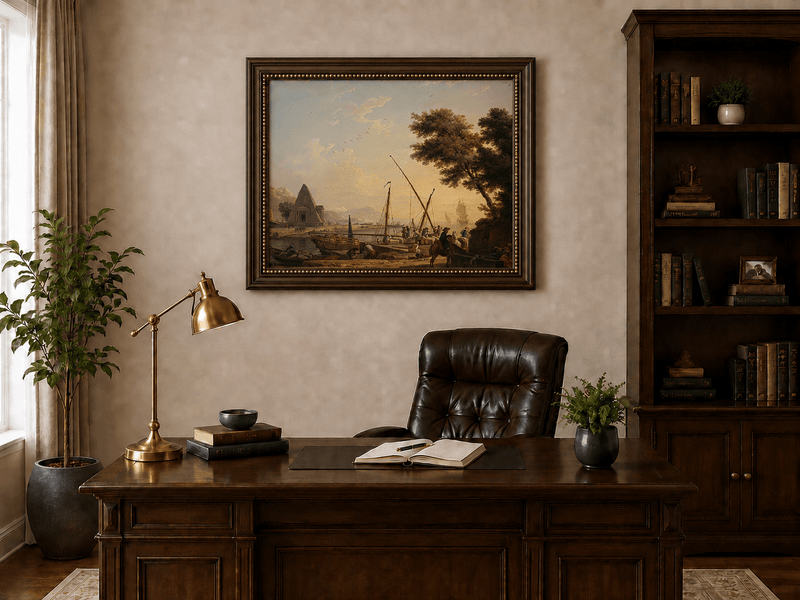 Harbor scene with ships and figures landscape oil painting presented in an interior wall art mockup.