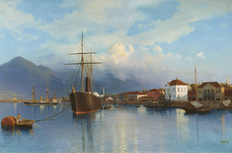 Landscape Oil Painting - Harbor with Steamship and Coastal Town - Oil Painting Haven
