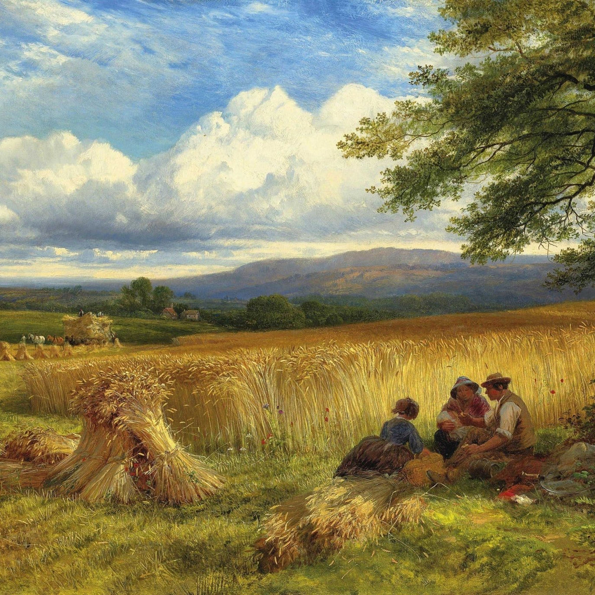 Landscape Oil Painting - Harvest Field, Farmers, Haystacks & Wheat - Oil Painting Haven