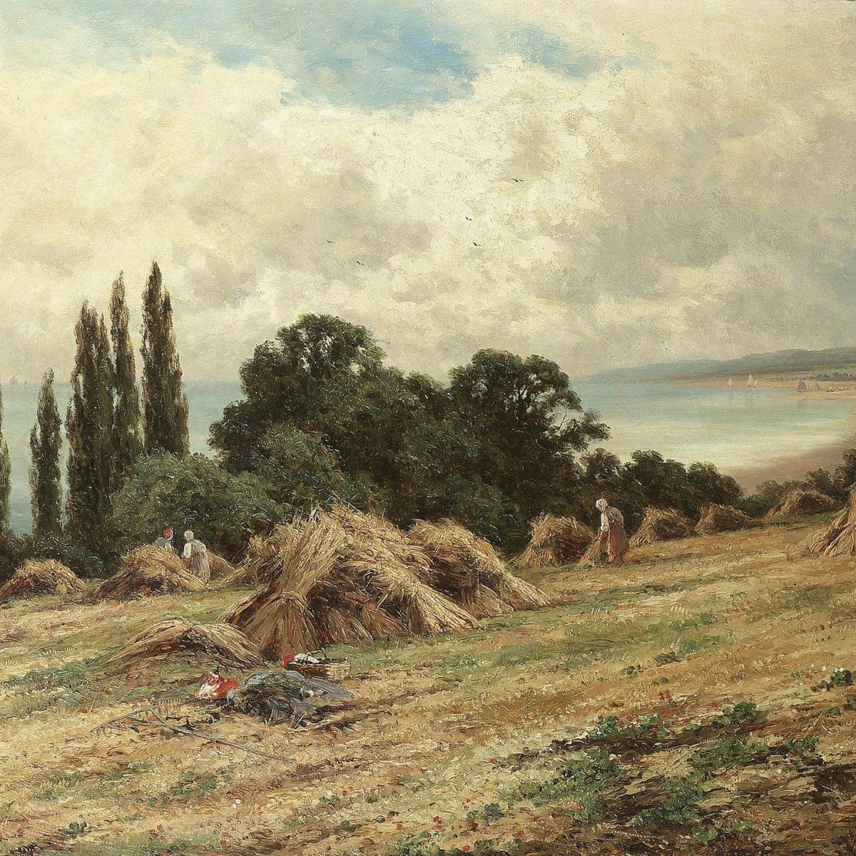 Hand-painted harvest field, poplars and lake landscape oil painting on canvas