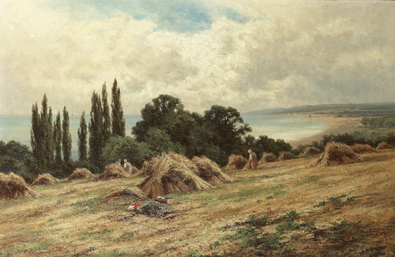 Hand-painted harvest field, poplars and lake landscape oil painting on canvas