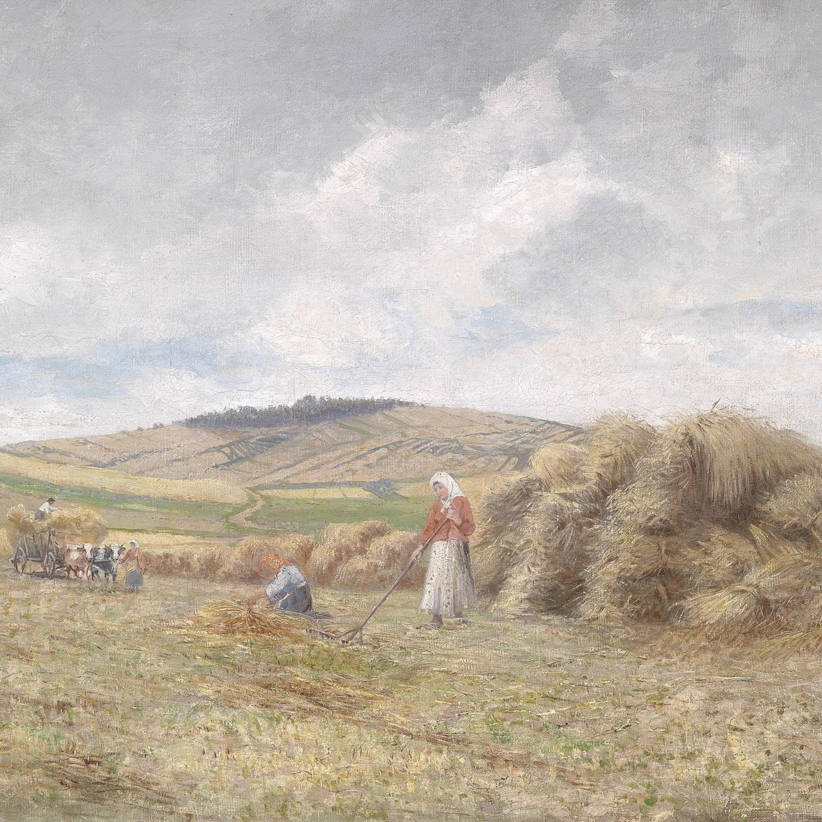 Landscape Oil Painting - Harvest Field with Haystacks and Figure - Oil Painting Haven