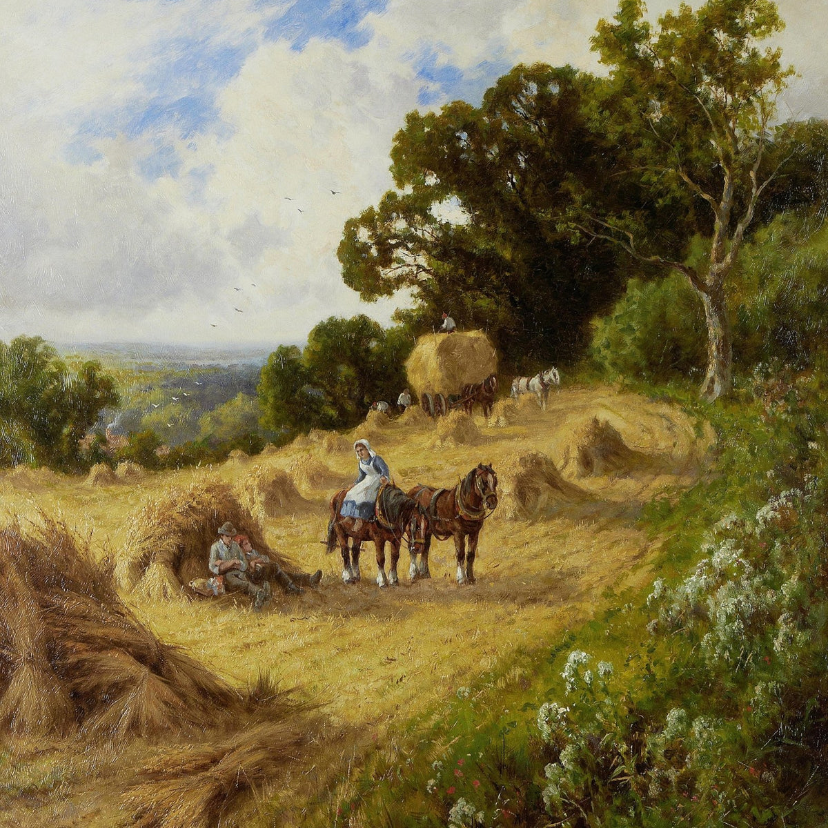 Landscape Oil Painting - Harvest Field with Horses and Haycart - Oil Painting Haven