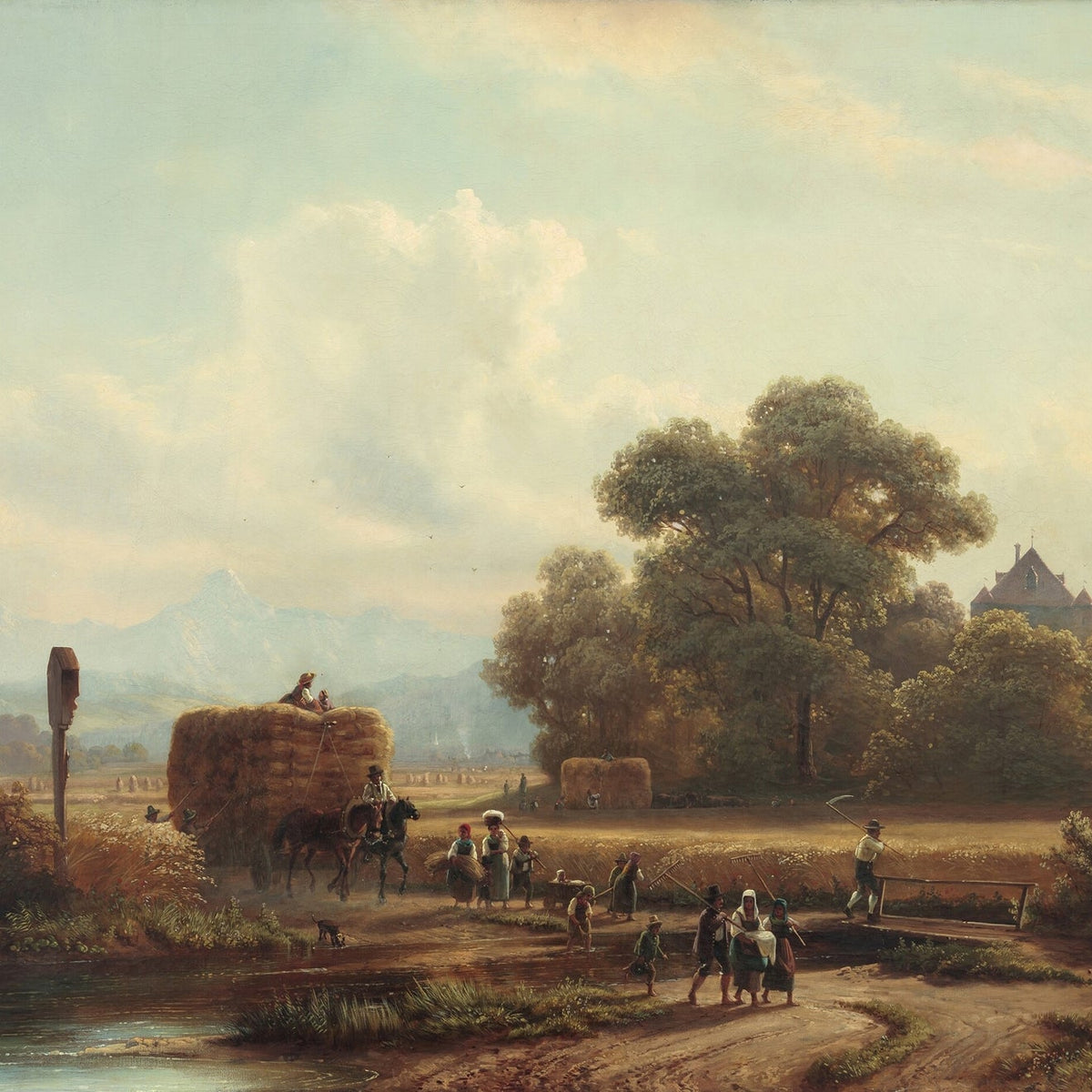 Hand-painted harvest wagon on country road and village landscape oil painting on canvas