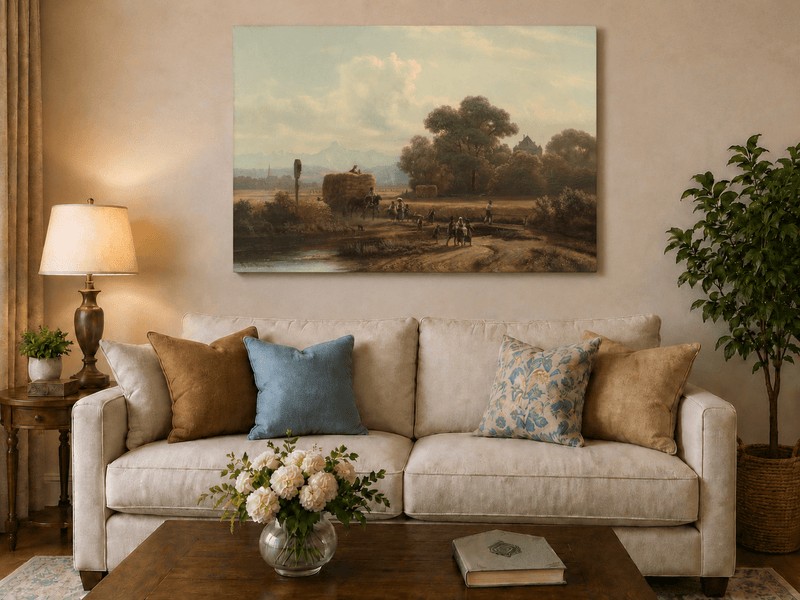 Landscape Oil Painting - Harvest Wagon on Country Road & Village