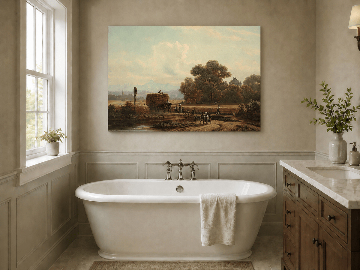 Landscape Oil Painting - Harvest Wagon on Country Road & Village