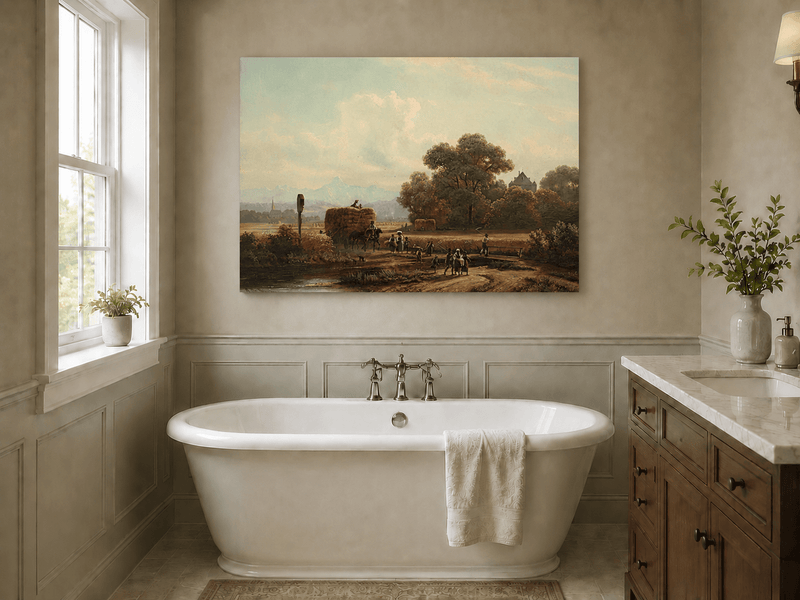 Landscape Oil Painting - Harvest Wagon on Country Road & Village