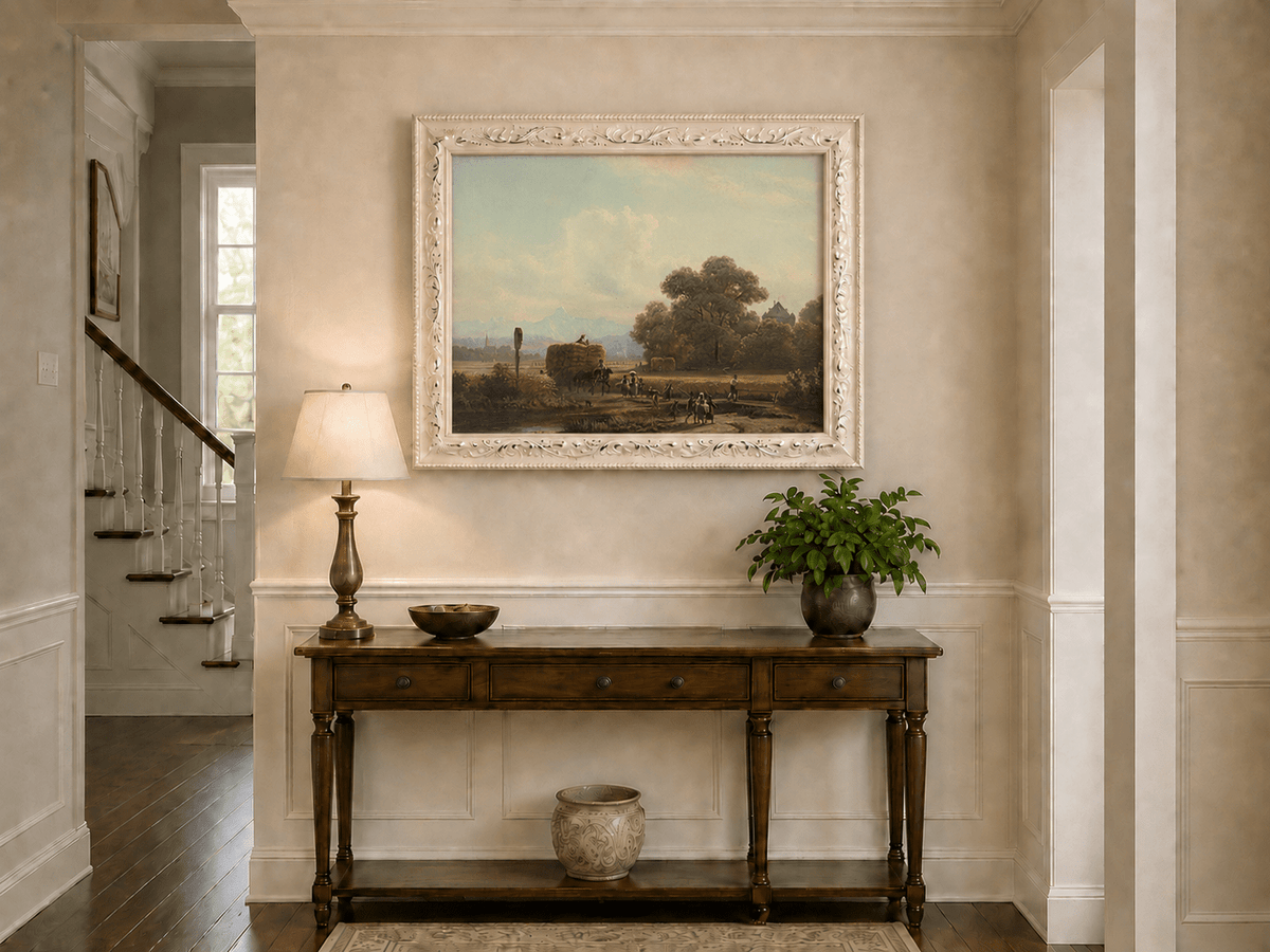 Landscape Oil Painting - Harvest Wagon on Country Road & Village