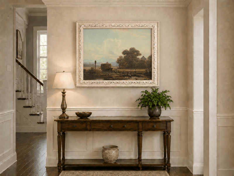 Landscape Oil Painting - Harvest Wagon on Country Road & Village