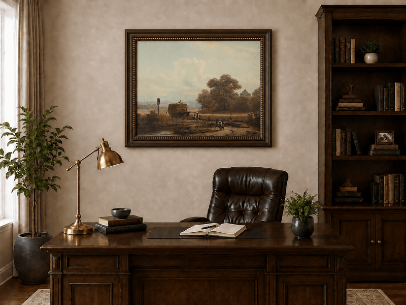 Landscape Oil Painting - Harvest Wagon on Country Road & Village