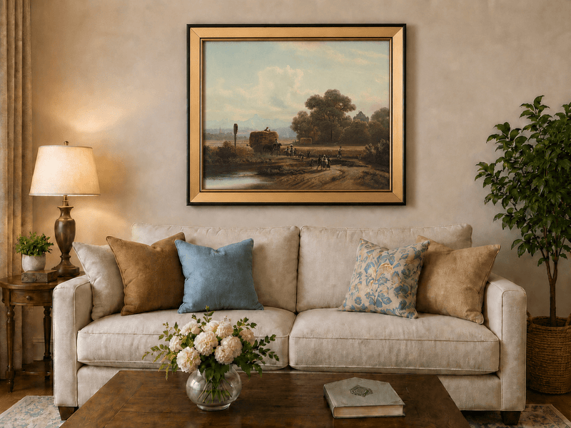 Landscape Oil Painting - Harvest Wagon on Country Road & Village