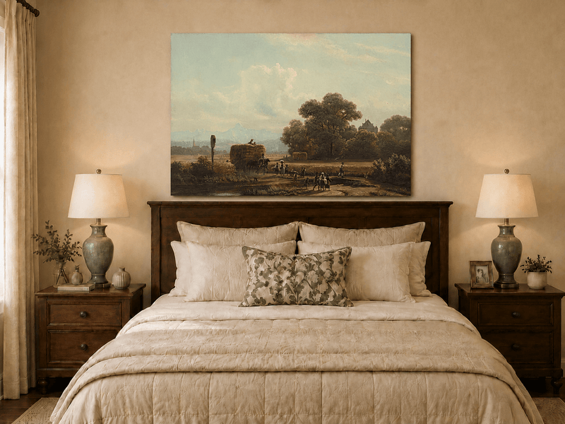 Landscape Oil Painting - Harvest Wagon on Country Road & Village