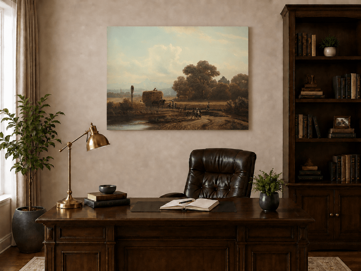 Landscape Oil Painting - Harvest Wagon on Country Road & Village