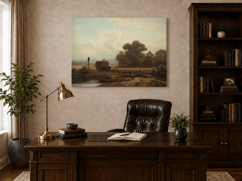 Landscape Oil Painting - Harvest Wagon on Country Road & Village